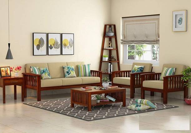 JB Art Sheesham Wood 5 Seater Sofa Set for Living Room & Home Furniture (Honey Finish) Solid Wood 3 + 1 + 1 Sofa Set