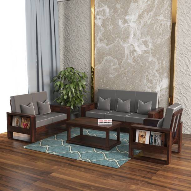 JeenWood Solid Wood Six Seater Sofa Set With Round Arms & 'HOLLAND' POLYESTER Fabric | Fabric 3 + 2 + 1 Sofa Set