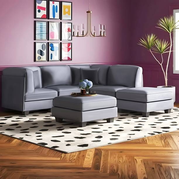 Homeify Adyna 5 Seater Velvet L Shaped Corner Sectional Sofa with Ottoman Fabric 3 + 2 Sofa Set