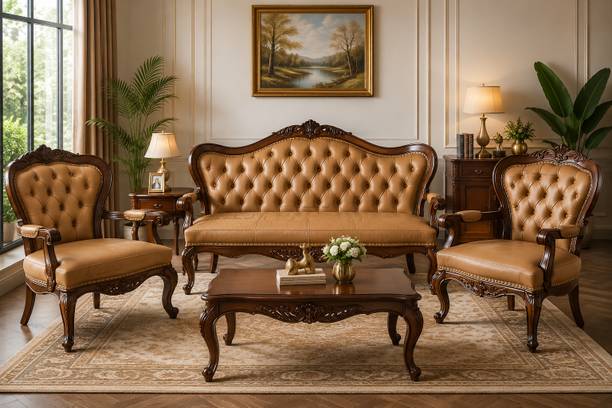 ALFA WOODEN NEST Royal Heritage 3+1+1 Solid Wood Tufted Sofa Set with Leatherette Upholstery Leather 3 + 1 + 1 Sofa Set
