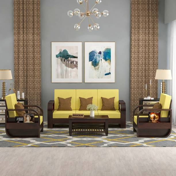Douceur Furnitures Solid Sheesham Wood Five Seater Sofa Set With Coffee Table For Living Room, Café Fabric 3 + 1 + 1 Sofa Set