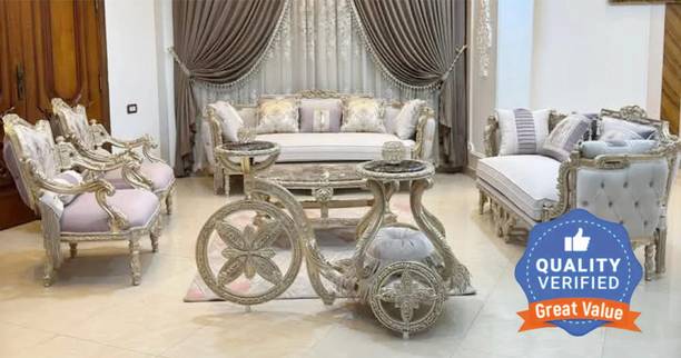 alishaank FLORINA Arabian Style Teakwood Sofa Set For Living Room Home & Office SUEDE Fabric 3 + 2 + 1 + 1 Sofa Set