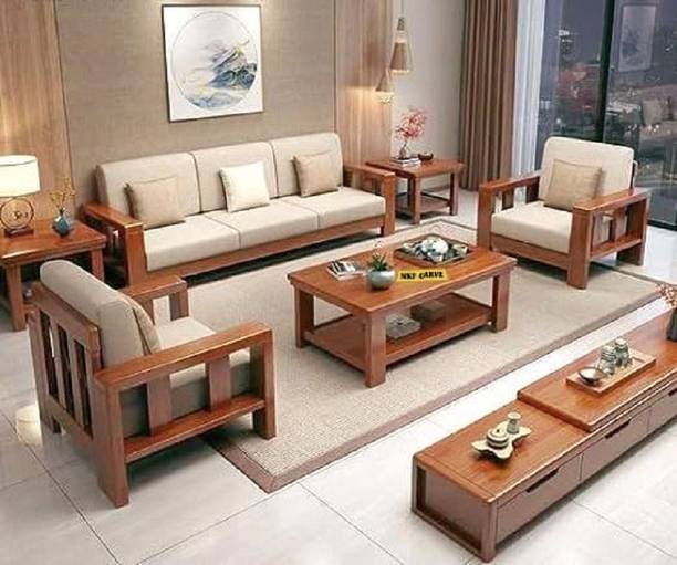 Devsignature 3+1+1 Solid Wood 5 Seater Sofa Set For Living Room/Wooden Sofa Set For Home Solid Wood 3 + 1 + 1 Sofa Set