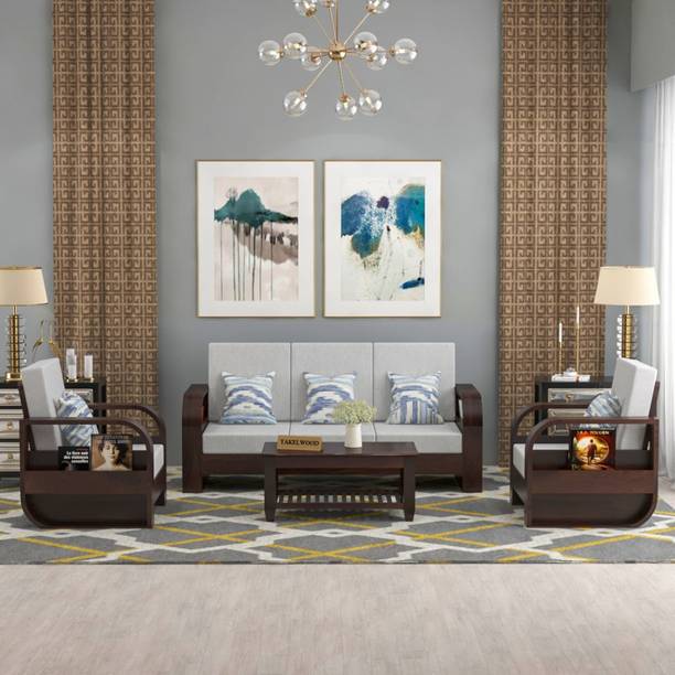 TAKELWOOD LEAFY Sheesham Wood Five Seater Round Arms Sofa Set With Side Pocket Storage || Fabric 3 + 1 + 1 Sofa Set