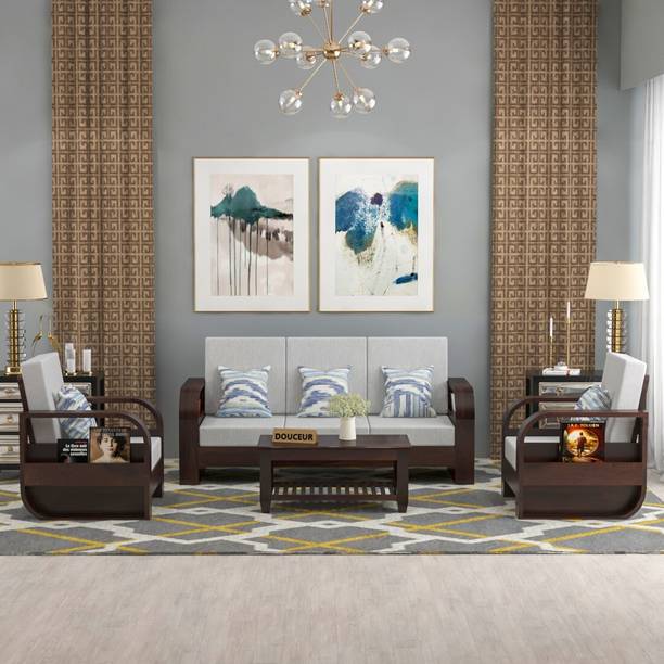 Douceur Furnitures Solid Sheesham Wood Five Seater Sofa Set For Living Room, Office, Café, Fabric 3 + 1 + 1 Sofa Set