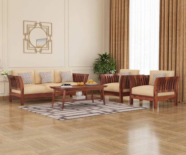 House Of Kuber Solid Sheesham Wood Royal Style 5 Seater Sofa Set For Living Room, Office. Fabric 3 + 1 + 1 Sofa Set
