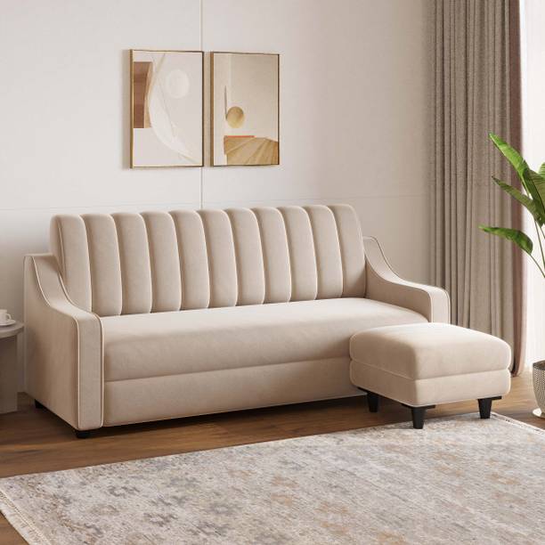 SunGrain Sleek Tufted Velvet 3 Seater Sofa with 1 Ottoman | Premium Comfort | Fabric 3 + 1 Sofa Set