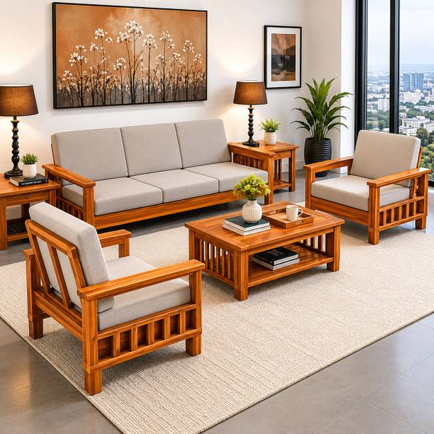 Kendalwood Furniture Solid Wood 5 Seater Wooden Sofa set for living Room Furniture with Center Table Fabric 3 + 1 + 1 Sofa Set