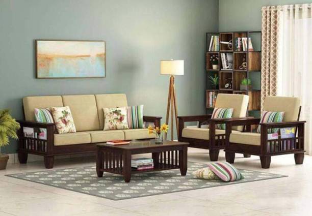 VARSHA FURNITURE Solid Wood Sheesham Wood 5 Seater Sofa Set For Living Room Fabric 3 + 1 + 1 Sofa Set