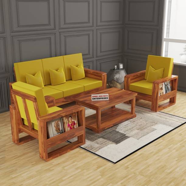 JeenWood Solid Wood Five Seater Sofa Set With Round Arms & 'HOLLAND' POLYESTER Fabric | Fabric 3 + 1 + 1 Sofa Set