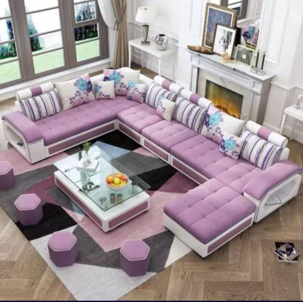 Torque Silvester U Shape 9 Seater Fabric Sofa Set with 4 Puffy (Pink) Fabric 3 + 2 + 2 + 1 Sofa Set