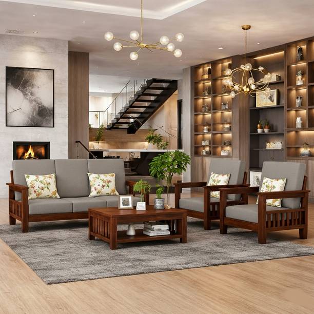 DITHA Solid Wood Sofa Set| Wooden Sofa Set| 5 Seater Sofa Set| Sheesham Wood Sofa Set| Fabric 3 + 1 + 1 Sofa Set
