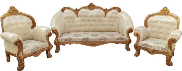 MAM ENTERPRISE Teakwood 5 Seater Sofa Set with Cushion for Living Room, Natural Brown Finish Fabric 3 + 1 + 1 Sofa Set