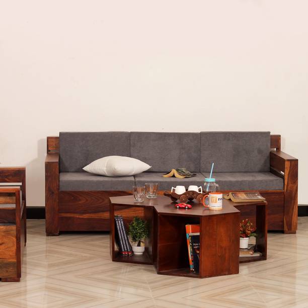 Sheesham Craft MirageMingle Handcrafted Sheesham Wood Sofa- Space-Efficient,Easy Assembly Fabric 3 + 1 Sofa Set