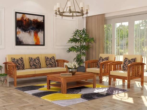 WOODSTAGE Sheesham Wood 5 Seater Sofa Set without Coffee Table For Livingroom/Home Fabric 3 + 1 + 1 Sofa Set