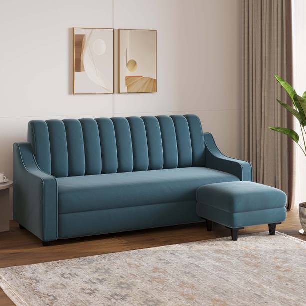 SunGrain Sleek Tufted Velvet 3 Seater Sofa with 1 Ottoman | Premium Comfort | Fabric 3 + 1 Sofa Set