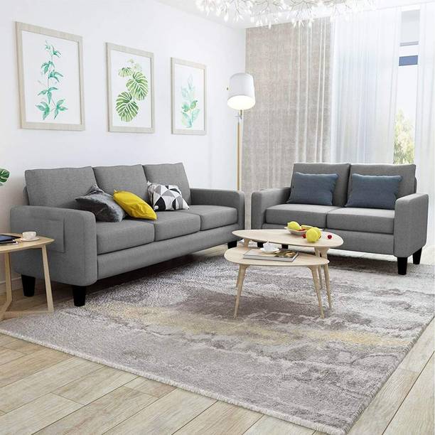 Adonika Alixaan 3+2 Sofa Sets (Light Grey) | Fabric 5 Seater Sofa Sets for Living Room Solid Wood 3 + 2 Sofa Set