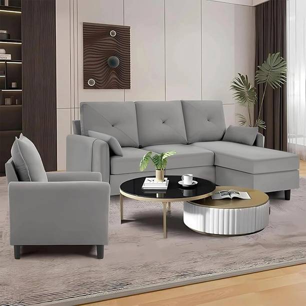 Groovecraft Wooden 5 Seater L-Shaped Sectional Sofa with Ottoman for Living Room Fabric 3 + 1 + 1 Sofa Set
