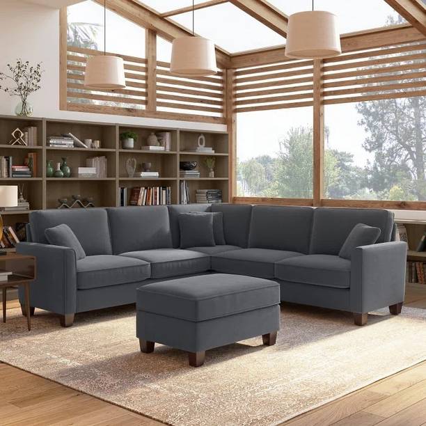 Adorn Homez Riley 5 Seater Sofa Sectional with Ottoman in Velvet Fabric Dark Grey Color Fabric 3 + 2 Sofa Set