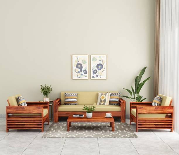 VARSHA FURNITURE Solid Wood 5 Seater Wooden Sofa Set For Living Room With Side Pockets Storage Fabric 3 + 1 + 1 Sofa Set
