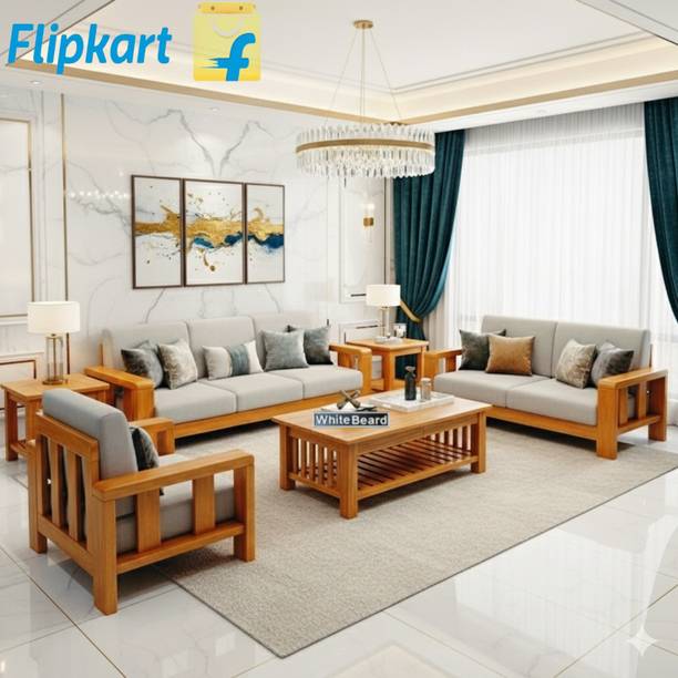 WhiteBeard Wood Sofa Set/Sofa Set 6 Seater/Wooden Sofa Set/For Living Room/Office/Home/Cafe Fabric 3 + 2 + 1 Sofa Set