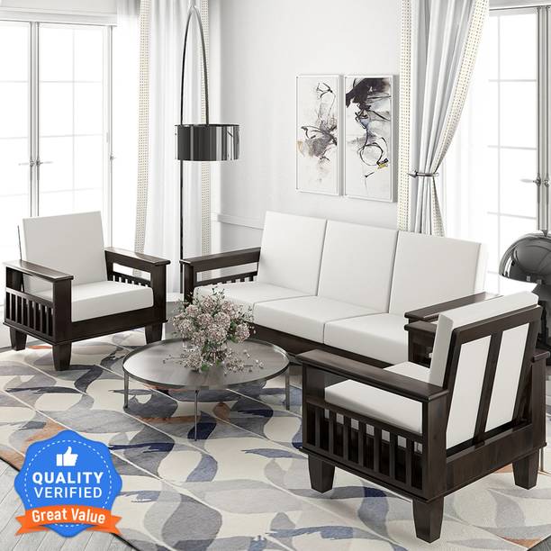 Allie Wood Sheesham Wood Premium Quality (Special PU Polish) Fabric 3 + 1 + 1 Sofa Set