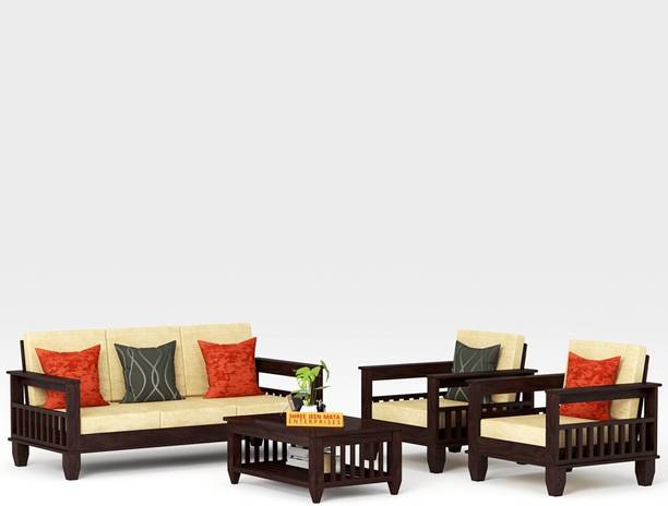 JeenWood Solid Wood Sheesham Wood 3+1+1 Five Seater Sofa Set For Living/Guest Room Fabric 3 + 1 + 1 Sofa Set