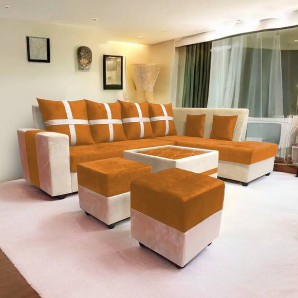 Starlet Farnitre Velvet L-Shape 8 Seaters Sofa Set for Living Room Fabric 3 + 2 + 2 + 1 Sofa Set