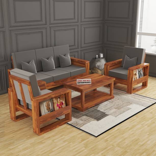 JeenWood Round Arms Solid Wood Five Seater Sofa Set With Center Table & HOLLAND Fabric | Fabric 3 + 1 + 1 Sofa Set