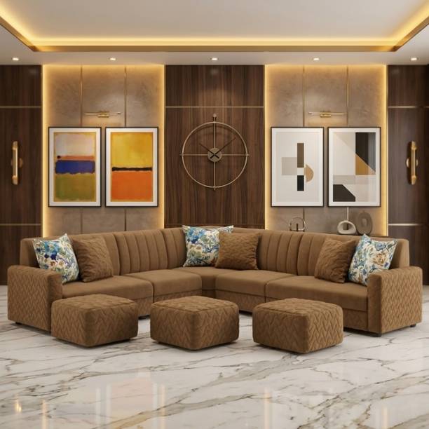 WAKESURE Premium Quality L Shape 10 Seater Velve Fabric 3 + 3 + 2 + 2 Sofa Set