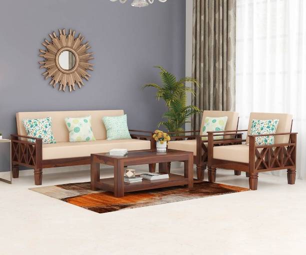House Of Kuber Solid Sheesham Wood Modern 5 Seater Sofa Set For Living Room, Office, Café. Fabric 3 + 1 + 1 Sofa Set