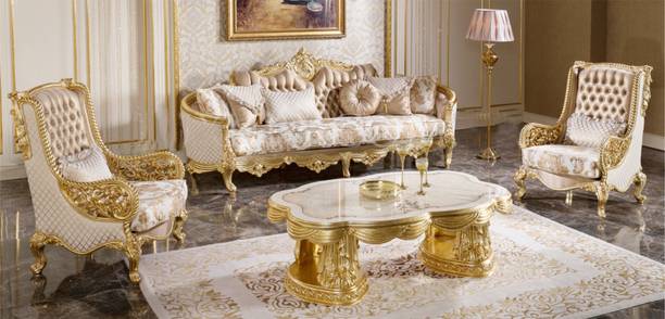 royal wood SULTAN Luxury Teak Wood 5 Seater Sofa Set For Living Room Home & Office SILK Fabric 3 + 1 + 1 Sofa Set