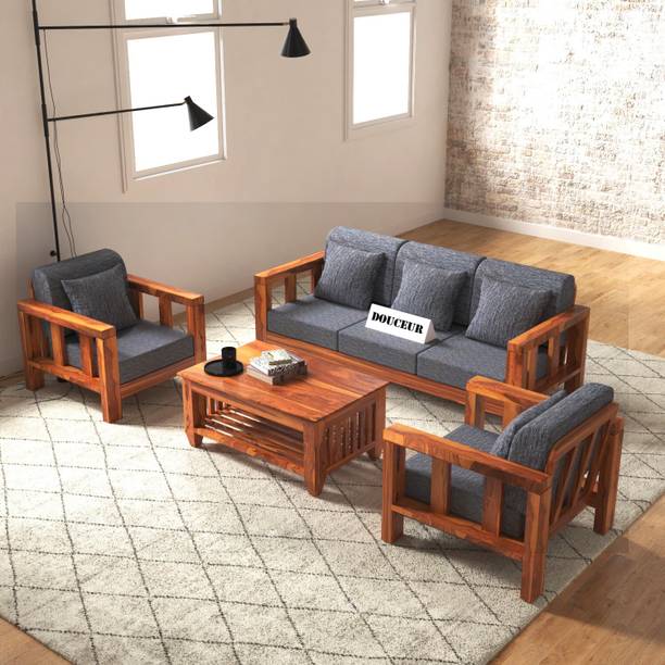 Douceur Furnitures Solid Sheesham Wood Five Seater Sofa Set With Coffee Table For Living Room,Hotel Fabric 3 + 1 + 1 Sofa Set
