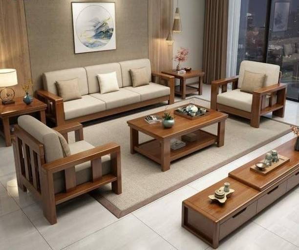 WhiteBeard Solid Sheesham Wood 5 Seater Sofa Set for Home & Living Room, Office Furniture Fabric 3 + 1 + 1 Sofa Set