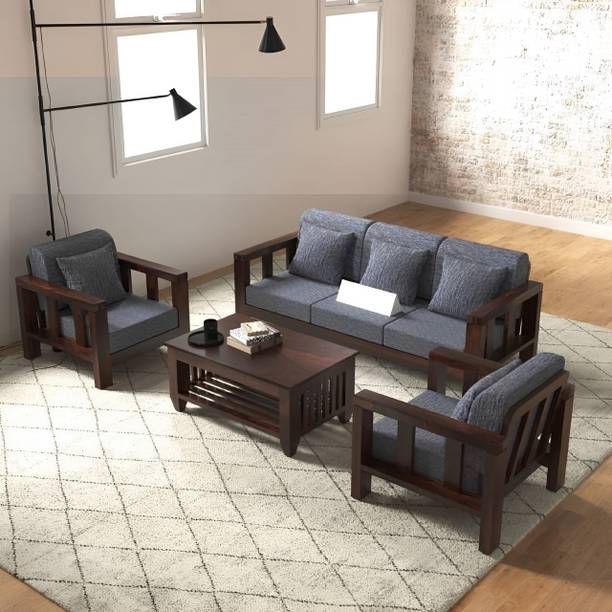 DECORWOOD Solid Sheesham Wood Five Seater Sofa Set For Living Room, Hotel Office. Fabric 3 + 1 + 1 Sofa Set