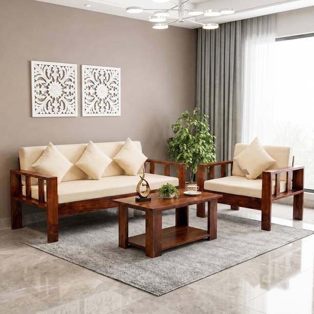 SONA ART & CRAFTS Natraj Solid Sheesham Wood Sofa | Four Seater Sofa with Cushion Seat Fabric 3 + 1 Sofa Set