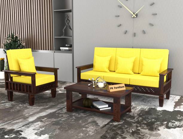 PR FURNITURE Solid Wood Four Seater Sofa Set With CNC Flower Style For Living Room, Café. Fabric 3 + 1 Sofa Set