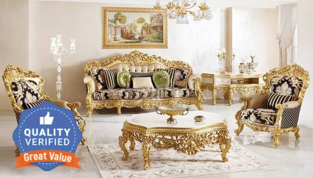 EVGOR ROYAL MAHARAJA Luxury Teak Wood 5 Seater Sofa Set For Living Room Home & Office Fabric 3 + 1 + 1 Sofa Set