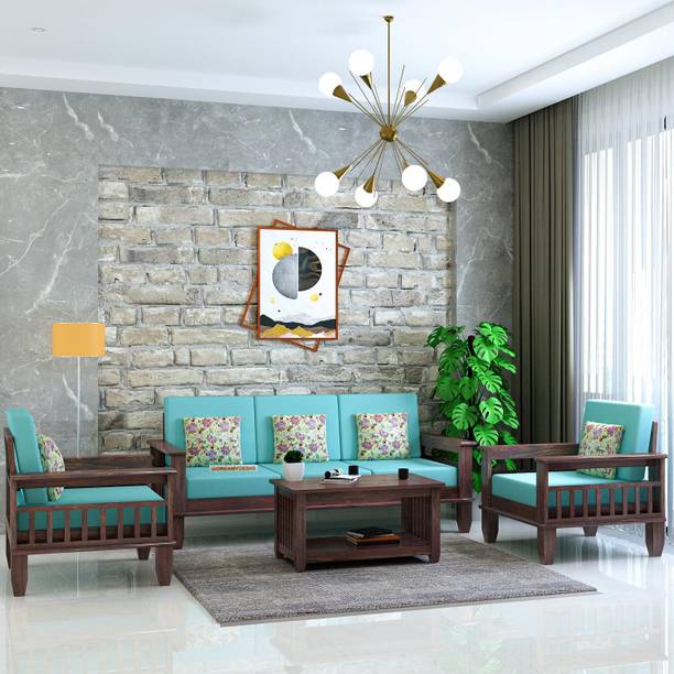 Dreamydesks Solid Sheesham Wood 5 Seater Sofa Set with side pocket and cushion Solid Wood 3 + 1 + 1 Sofa Set