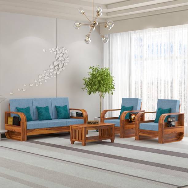 Douceur Furnitures Solid Sheesham Wood Five Seater Sofa Set For Living Room, Office, Café, Fabric 3 + 1 + 1 Sofa Set