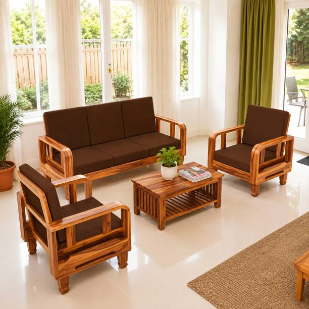 Kendalwood Furniture 5 Seater Sofa Set with Center Table | Solid Wood | Honey Finish Fabric 3 + 1 + 1 Sofa Set