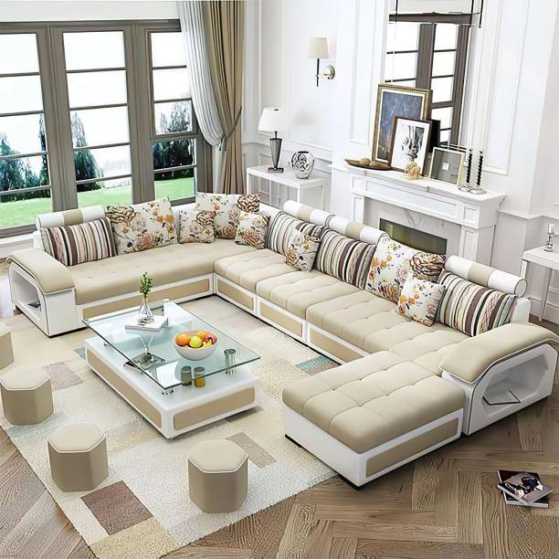 Torque Silvester U Shape 9 Seater Fabric Sofa Set with 4 Puffy (Beige - White) Fabric 3 + 2 + 2 + 1 Sofa Set