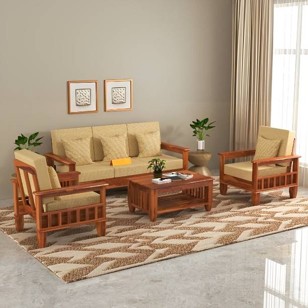 Krishna Wood Decor Solid Sheesham Wood Five +1+1 Sofa Set For Living Room , Bedroom And Office Fabric 3 + 1 + 1 Sofa Set