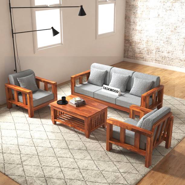 Taskwood Furniture Solid Sheesham Wood Wooden Five Seater Sofa Set For Living Room, Café Fabric 3 + 1 + 1 Sofa Set