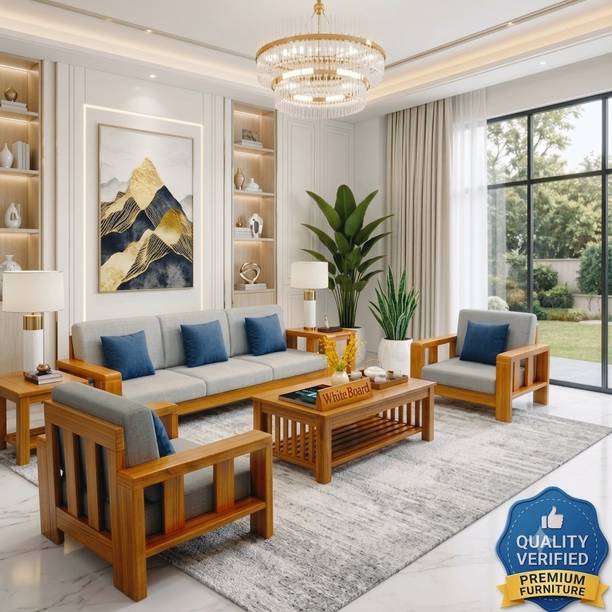 WhiteBeard Premium Sheesham Wood Sofa Set With Centre Table New Design Sofa Fabric 3 + 1 + 1 Sofa Set