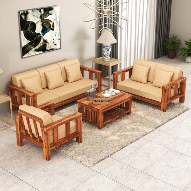 Taskwood Furniture Solid Sheesham Wood Wooden For Living Room, Café Fabric 3 + 2 + 1 Sofa Set
