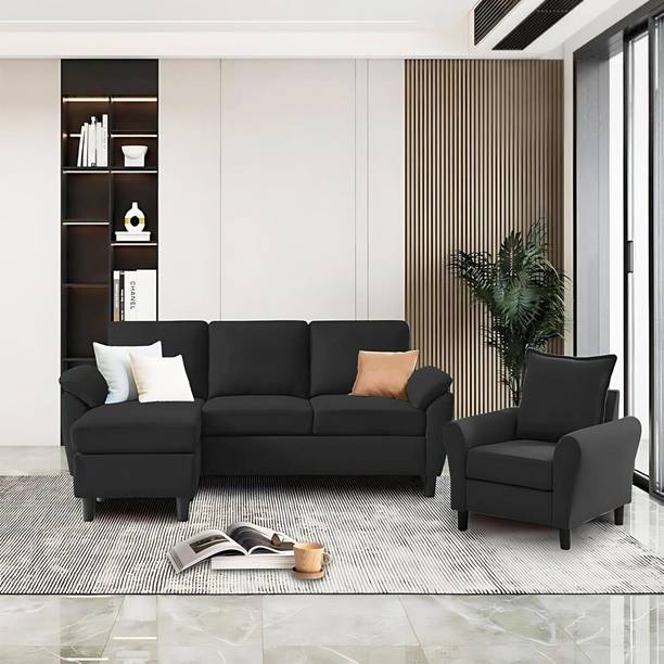 Groovecraft Carol Wooden 4 Seater L-Shaped Sectional Sofa with Ottoman for Living Room Fabric 3 + 1 Sofa Set