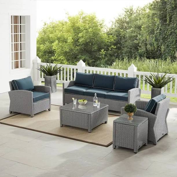 BRISHI Rattan 5 Seater Outdoor/Balcony Sofa Set/Sofa Set with Cushion and Center Table Fabric 3 + 1 + 1 Sofa Set