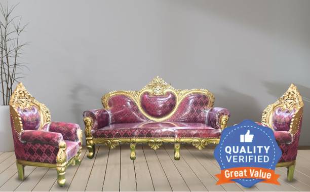 alishaank HEART SHAPE Luxury Teakwood 5 Seater 3+2+1 Sofa Set For Living Room Premium Silk Fabric 3 + 1 + 1 Sofa Set