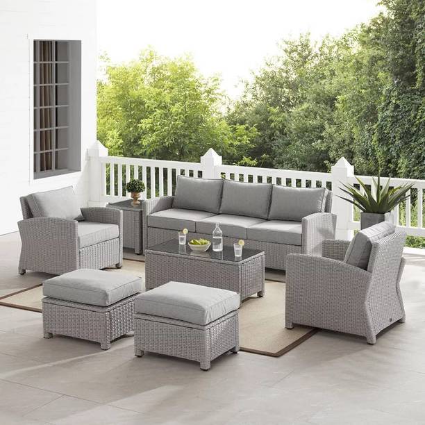BRISHI Rattan 7 Seater Outdoor/Balcony Sofa Set/Sofa Set with Cushion and Center Table Fabric 3 + 2 + 1 + 1 Sofa Set
